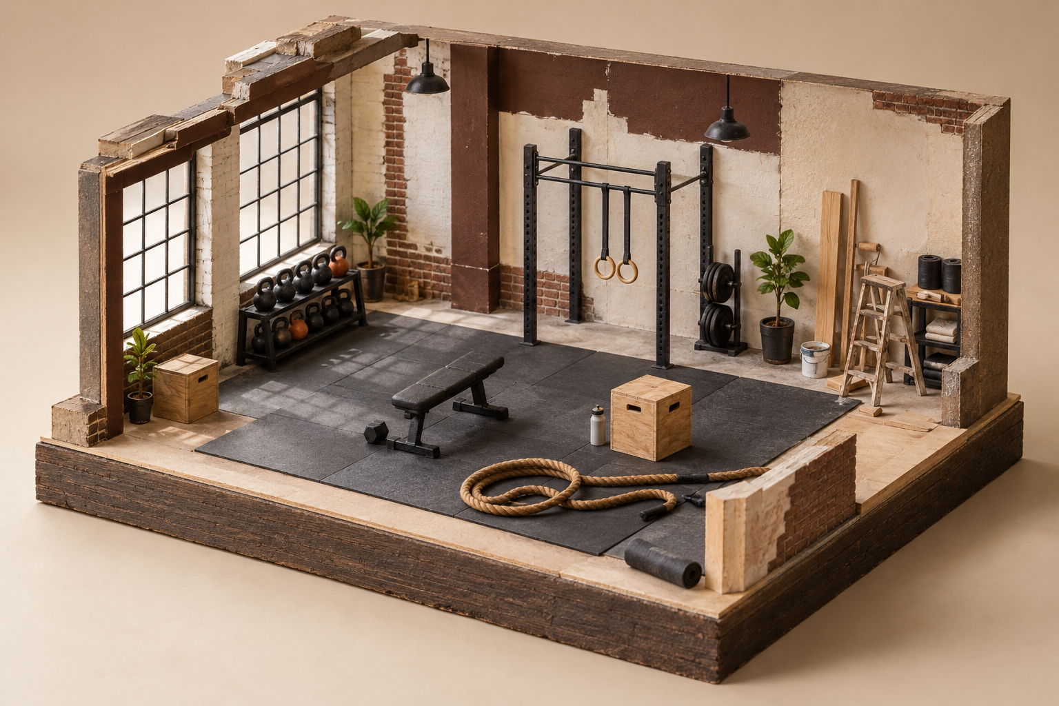 Illustrative scene of independent fitness studio: neatly stored kettlebells, a training bench, coiled ropes