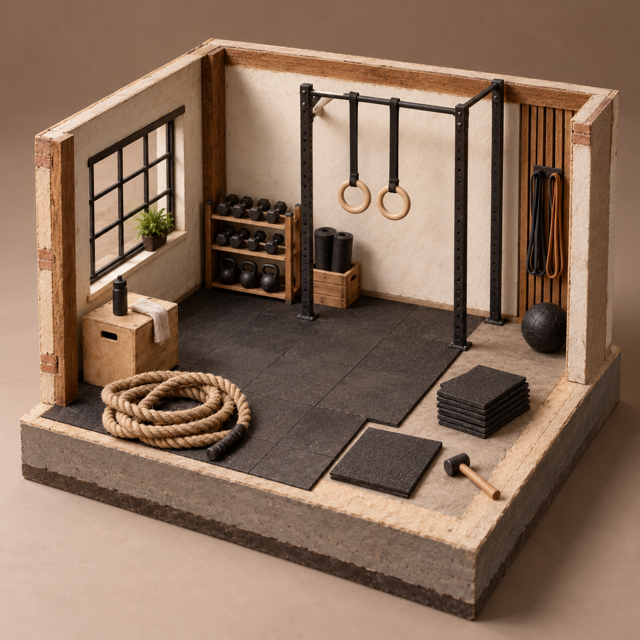 Illustrative scene of independent fitness studio: coiled ropes, rubber floor tiles, wooden rings